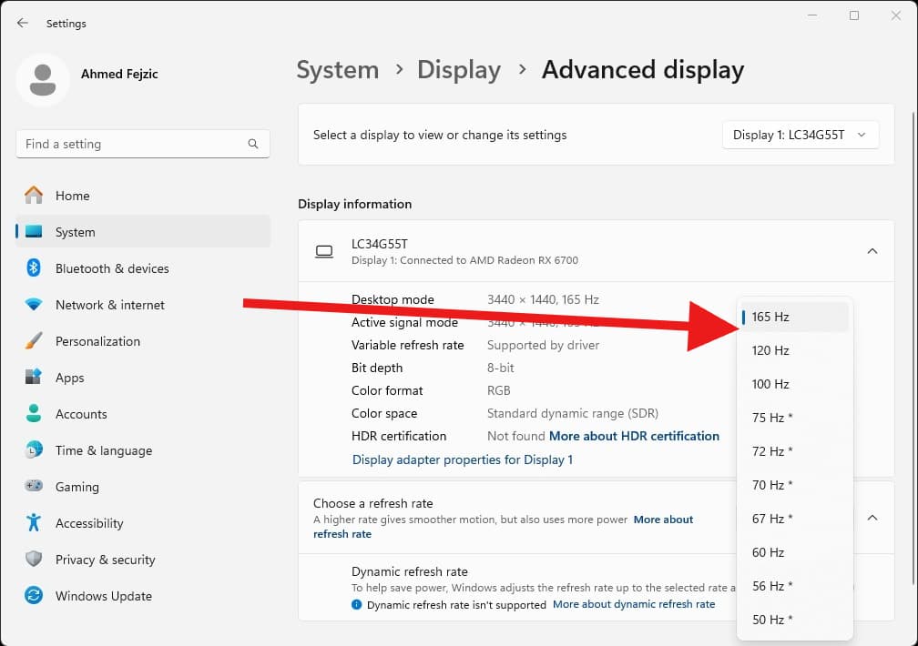 refresh rate is 165Hz